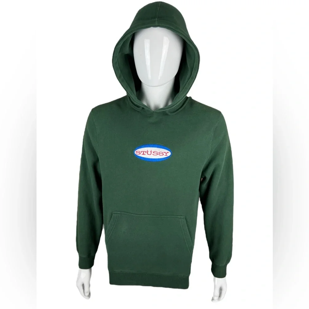 Stussy Mens Medium Hoodie Sweatshirt Green Embroidered Logo Cotton Blend - Picture 2 of 10